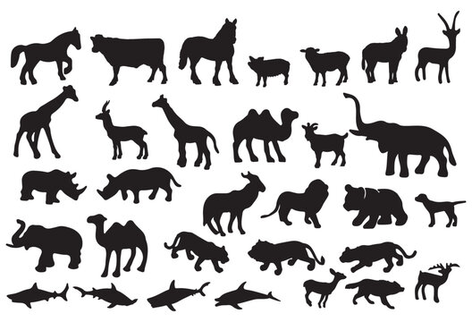 set of animal silhouettes, isolated on white. vector illustration
