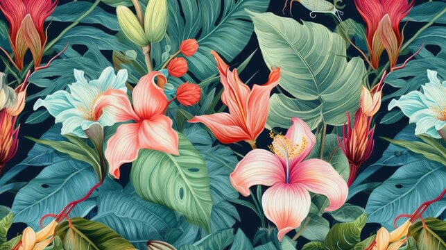 Beautiful Flowers, Exotic Oriental Floral Wallpaper for Interior Decor and Textiles , This wallpaper is suitable for interior mural painting wall art decor. AI © Long