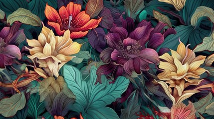 Fototapeta premium Beautiful Flowers, Exotic Oriental Floral Wallpaper for Interior Decor and Textiles , This wallpaper is suitable for interior mural painting wall art decor. AI