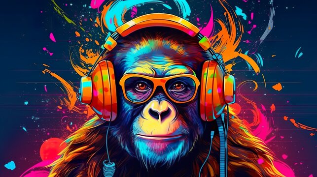 Monkey headphones with graffiti art made with Ai generative technology