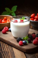 Yaourt aux fruits rouges, myrtille, fraise ou framboise, dans un pot en verre sur une table en bois, fond lumineux et minimaliste, illustration culinaire ia générative