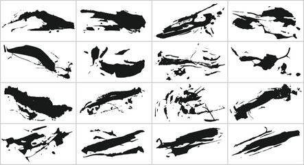 Set of different grunge brush strokes. Dirty artistic design elements isolated on white background. Black paint hand made, dry ink vector brush strokes