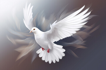 White flying dove or pigeon in colorful background. Symbol of love and peace. Generative AI