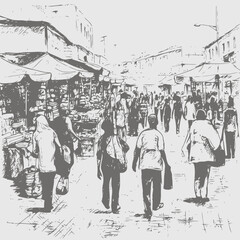 Fototapeta na wymiar Sketch of the people are walking on street at local market . hand drawn sketch.