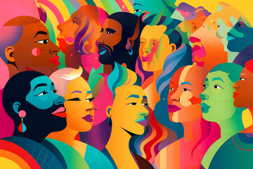 Pop art illustration, banner, texture or background depicting the pride day and the LGBT community with diverse people - obrazy, fototapety, plakaty