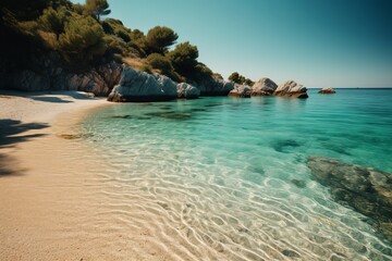 Fototapeta na wymiar A serene shot of a secluded beach, with white sand and crystal clear waters. Bliss on Croatia's pristine beaches. Generative AI