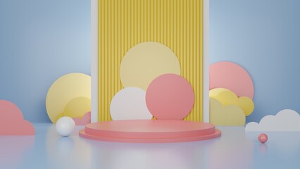 Podium with sphere and cylinder on yellow background, Abstract background, 3D rendering