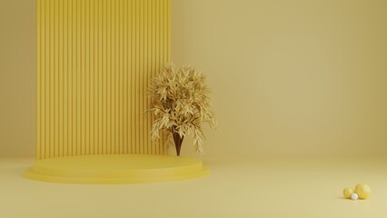 Podium with sphere and tree on yellow background, Abstract background, 3D rendering