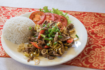 Beef and lemongrass stir fry with rice in Hoi An, Vietnam