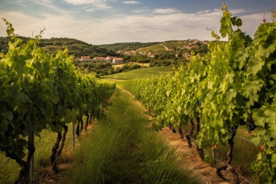 A picturesque shot of a vineyard in the Croatian countryside, with rolling hills and a blue sky in the background. Generative AI