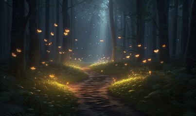 Fototapeta na wymiar Glowing fireflies create a fairy tale forest path Creating using generative AI tools