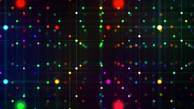 Futuristic 3D colourful geometric animation of moving camera side of a lot of connected coloured dots an lines with depth of field effect. 4K animated wallpaper