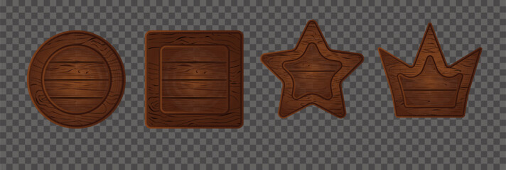 Cartoon vector wooden crown game sign board. Wood texture star and round shape button plank isolated on transparent background. Ui interface icon menu kit. Blank medieval signpost illustration