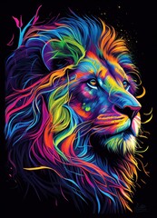 Colorful lion portrait on dark background by Generative AI