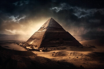 Fototapeta na wymiar mysterious pyramid in a stormy desert landscape, created with generative ai