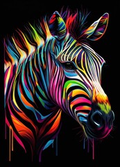 Colorful zebra portrait on dark background by Generative AI