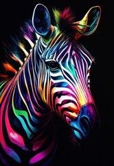 Colorful zebra portrait on dark background by Generative AI