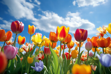 Colorful tulips in full bloom with beautiful colors against a background of blue sky and sunlight, low angle. Ai generative