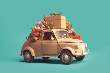 Retro car with cardboard mailboxes and flowers on blue background. Generative AI