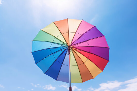 Colorful umbrellas hanging against blue sky and sunlight, low angle. Ai generative