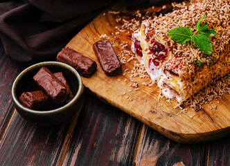 Sour cherry cake with chocolate and cream