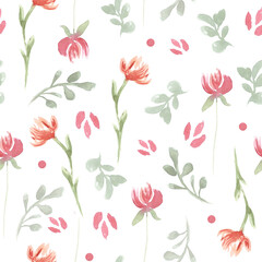 Floral meadow, watercolor seamless pattern with abstract wildflowers, summer colorful illustration on ivory background in provence style.