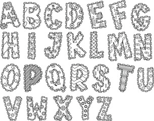 Different design outline capital letters A to Z Alphabet. Coloring alphabet. Dash line outline design A-Z letters coloring book and page