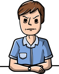 Angry man sit with crossed arms. Negative gesture and discontent. Bad emotions. grumpy guy and Unpleasant look. Hand-drawn sketch cartoon illustration.