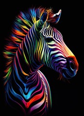 Colorful zebra portrait on dark background by Generative AI