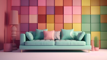 Cozy Minimalist Living Room: Soft 3D Illustration with Modern Interior and Creative Advertisement Concept Generative AI
