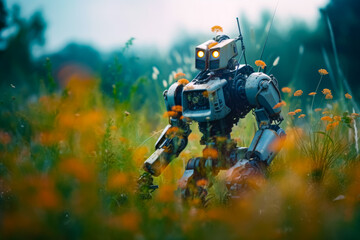 Robot that is standing in the grass with light on it's head. Generative AI.