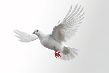Fototapeta na wymiar White flying dove or pigeon in white background. Symbol of love and peace. Generative AI