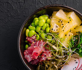 Hawaiian tuna poke salad in the bowl top view