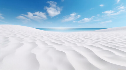 Fototapeta na wymiar Aerial vie of Minimalist view of wavy white sand with blue sky and clean. Ai generative