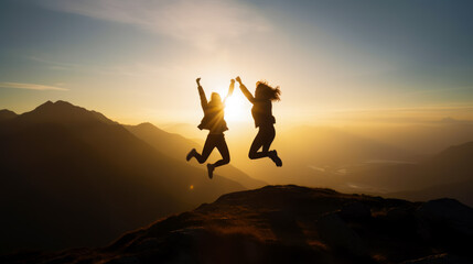 Two people jumping in the air with their arms in the air in front of the sun. Generative AI.