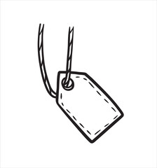 Cardboard label with rope. Empty template for cardboard tag for Sale and retail. Hand-drawn store price. Outline cartoon illustration