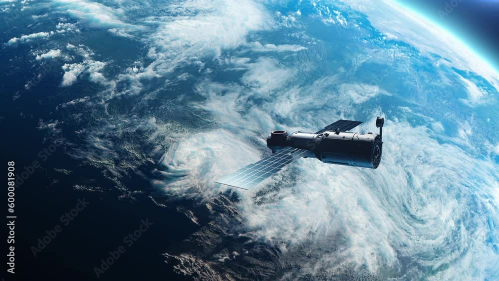 Wall mural sputnik or spaceship in orbit around planet earth. the concept of technology and space
