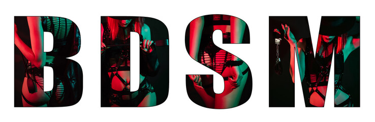 BDSM inscription on a white background. Collage with a sexy woman with a whip and handcuffs for submission and domination