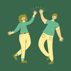 Guy and girl stand and high-five each other. Teamwork. Young people or teenagers. Relationship and support. Colorful vector illustration hand drawn flat