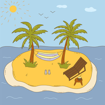 Small island in the sea. Two palm trees and hammock, beach chair and small table with coconut. Sun is shining and birds are flying. Hot summer season. Colorful vector illustration hand drawn