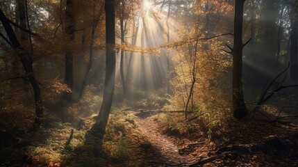 Naklejka premium Exquisite scene of an gather time forest with sunrays entering through the branches. AI Generated
