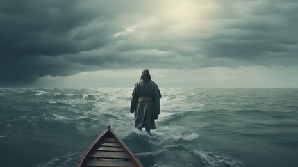 Jesus strolls on water over the ocean towards a watercraft amid a storm. Scriptural subject concept. AI Generated - obrazy, fototapety, plakaty