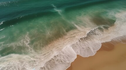 Airborne see of sandy shoreline with waves and clear sea water. AI Generated