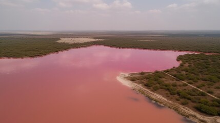 Ethereal see of pink lake, shocking see from drift. AI Generated