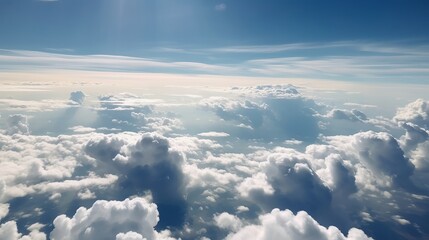 Blue sky with specific clouds. See over the clouds.summer blue sky cloud slant light white establishment. AI Generated