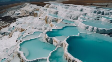 Airborne best see Pamukkale Turkey travertine pools, nature patios with blue water. AI Generated
