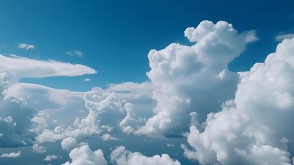 Naklejka na ściany i meble Blue sky with specific clouds. See over the clouds.summer blue sky cloud slant light white establishment. AI Generated