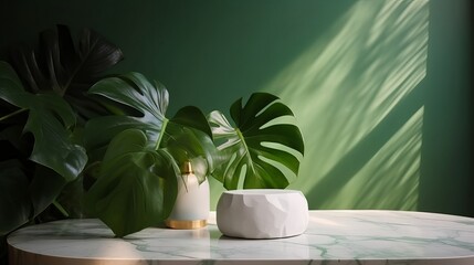 Unessential, advanced white marble stone counter table, tropical monstera plant tree in daylight on green divider foundation for extravagance advanced characteristic therapeutic. AI Generated - obrazy, fototapety, plakaty