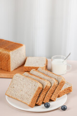 Fototapeta na wymiar Scene with toast bread with fruit and milk, healthy breakfast, indoor kitchen photography