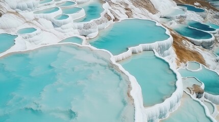 Airborne best see Pamukkale Turkey travertine pools, nature patios with blue water. AI Generated